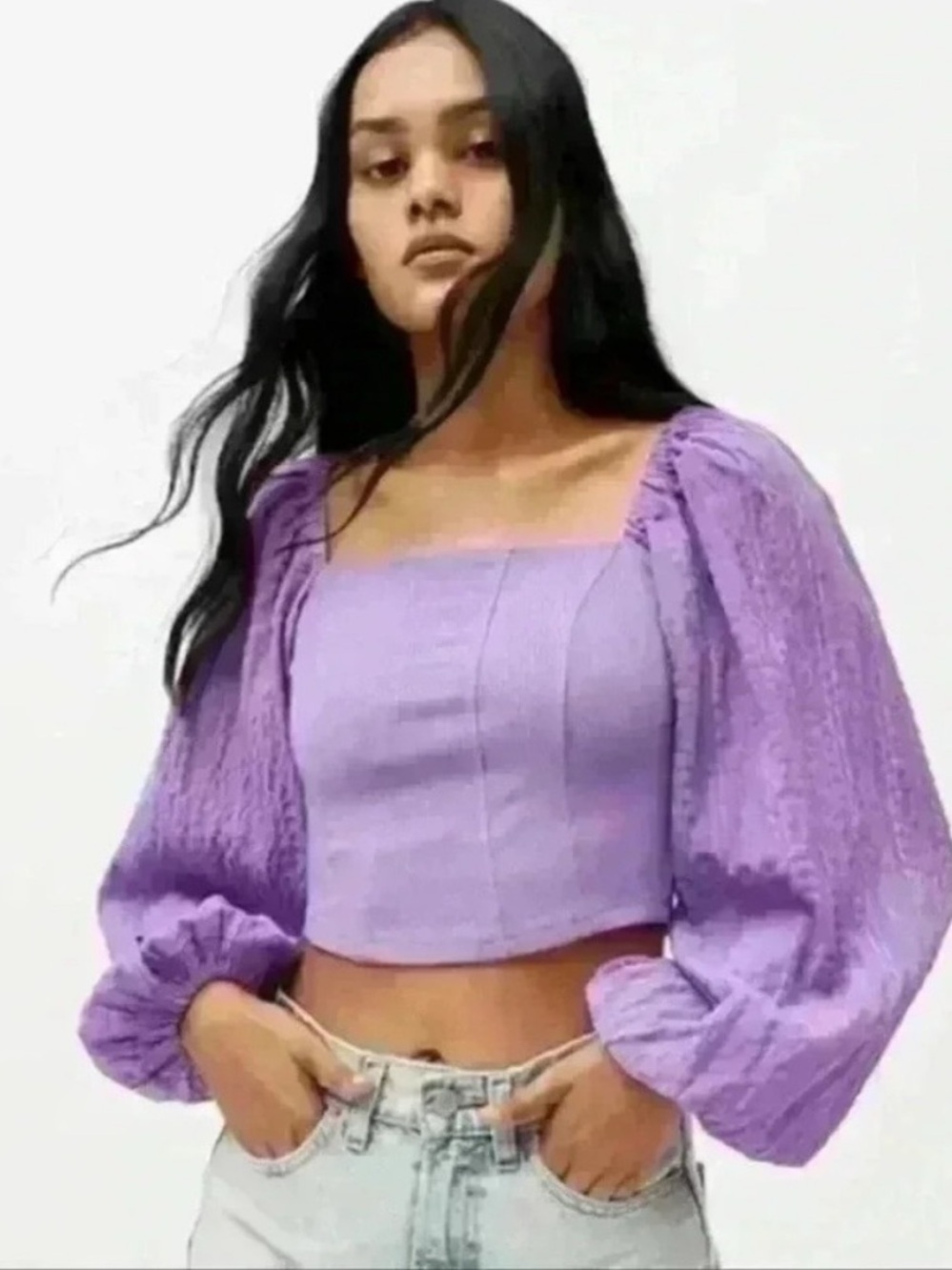 Urban Outfitters Claudia Blouse in Purple Corset Cropped Puff Sleeve